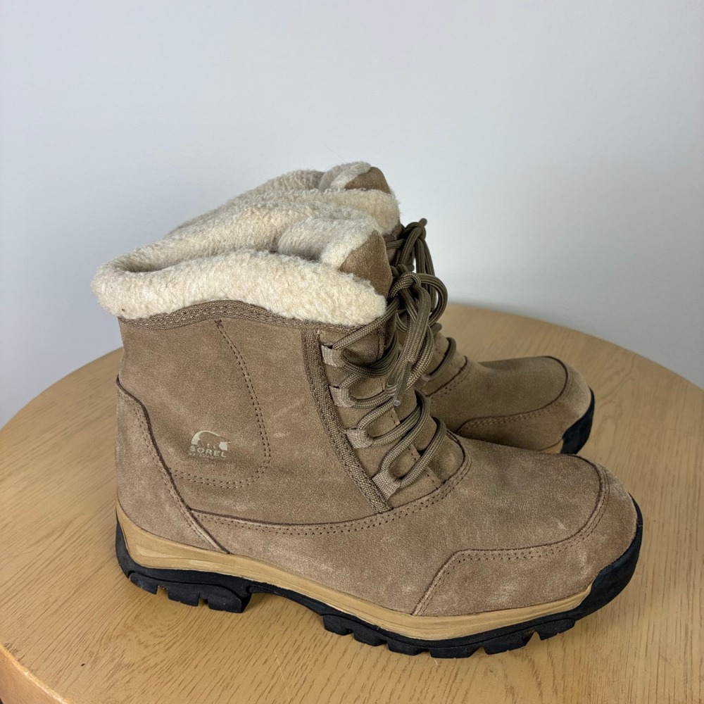 Sorel Waterproof Suede Winter Boots Tan Faux Fur Trim Women's 9 Snow Gorpcore